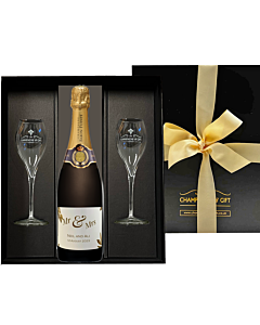 Personalised Champagne and two flutes gift set. Label showing Mr and Mrs label for wedding. Luxury Champagne gift