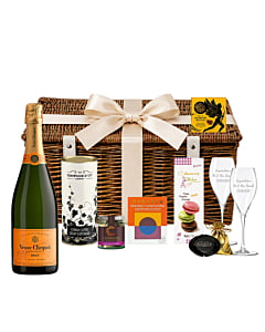 Veuve Clicquot wedding Champagne hamper with two personalised engraved flutes, chocolates and treats in a bronzed wicker hamper