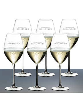 Six Bollinger Champagne flutes, Bollinger Elizabeth Champagne glasses