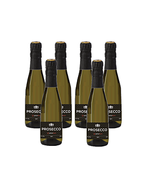 Six bottles of Custom Branded Mini Prosecco. The labels are branded with the corporate logo