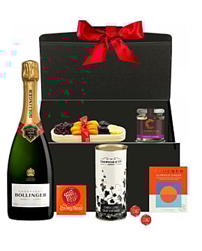 Luxury Bollinger Champagne Christmas hamper with chocolates, festive treats, and ribbon-tied gift box.