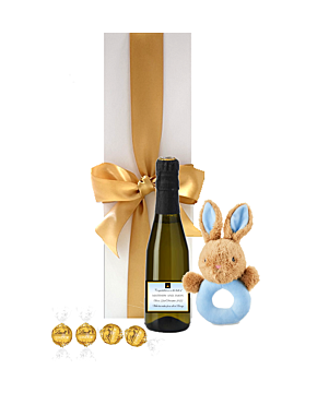 "Welcome New Baby Boy" Miniature Personalised Prosecco Gift - With Baby Rattle and a few Naughty Truffles 