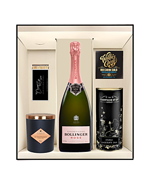 Bollinger Rosé NV Champagne, Deluxe Scented Candle & Goodies Hamper - with 72% Venezuelan Chocolate & Deluxe Biscuits
