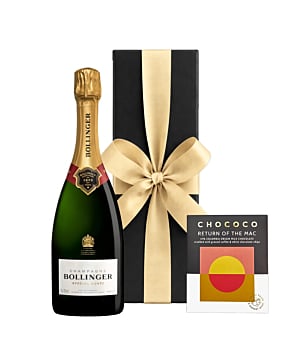 Bollinger champagne in black box with crushed coffee chocolate bar