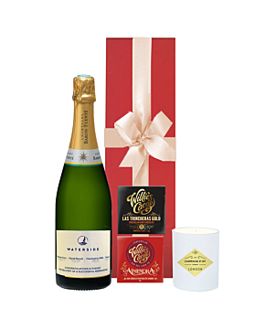 Corporate Branded Champagne Classic Cuveé with Scented Candle & Two Artisan Chocolate Bars. Stylish corporate Gift Box