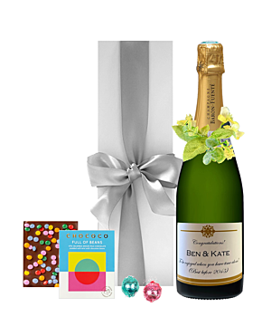 "Gigi" Champagne Gift Adorned With Flower Neck Ring - With Colombian Beans Chocolate Bar & Swiss Truffles - In White Presentation Box