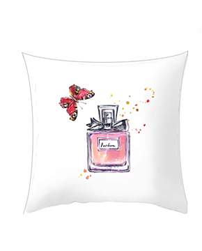 Butterfly No.5 is a perfect bedroom cushion. It is painted with a bright butterfly hovering over a pretty pink perfume bottle. An enchanting cushion