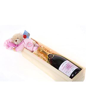 Personalised New Baby Champagne & Teddy - Presented in Wooden Gift Box