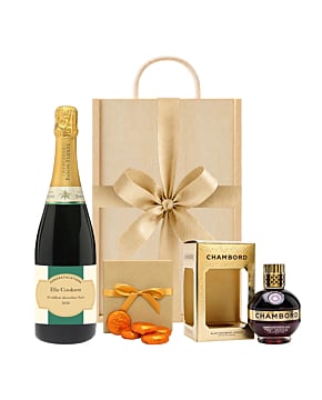 Personalised Champagne with Chambord and Luxury Chocolates in Wooden Box