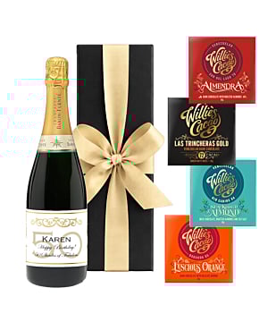 Personalised Champagne in Black Gift Box - With 4 x Artisan Chocolate Bars