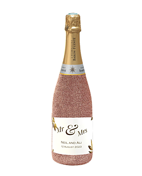 Rose Gold glitter champagne bottle - personalised with name and message.