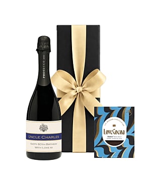 Personalised Classic Cuvee Prosecco & Maldon Sea Salt Dark Chocolate - Presented in Black Gift Box
