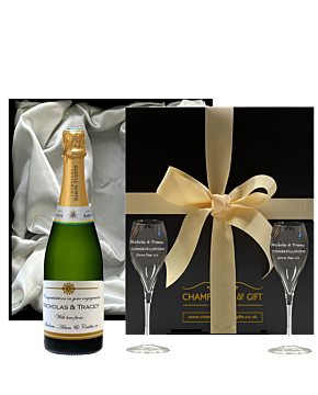 Deluxe Edition Classic Cuveé Wedding Champagne Gift - Personalised Champagne and Two Engraved Signature Flutes - Presented In Luxury Cream Silky Lined Gift Box