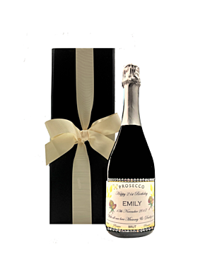 "Dash of Glam" Classic Personalised Prosecco with Crystal Gems - Presented in Black Presentation Box