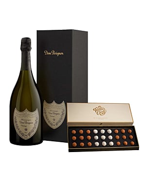 Dom Pérignon Vintage 2017 in official gift box with Willie’s Cacao sea salt truffles and hand-tied ribbon