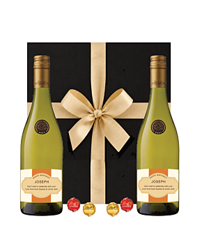 2-bottle white wine gift set.  Personalised Sauvignon Blanc and Swiss Truffles Gift in a luxury black box with hand-tied ribbon