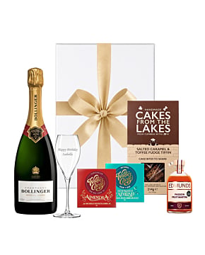 Send a Bollinger birthday hamper with an engraved Champagne flute, Passion Fruit Martini, chocolates and tiffin in a ribboned white gift box.