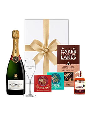Send a Bollinger birthday hamper with an engraved Champagne flute, Passion Fruit Martini, chocolates and tiffin in a ribboned white gift box.