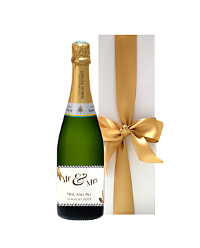 "Hint of Glitz" Personalised Champagne in White Box - Handcrafted With Crystal Gems on Label 