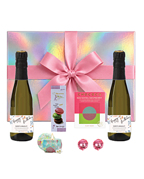 Lovely Little Treats Box filled with two personalised mini prosecco bottles, scented candle and chocolate treats