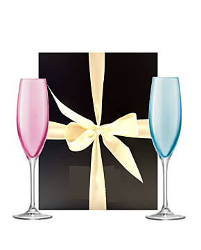 Two Champagne flutes gift box - 1 x LSA Pink Champagne Flute and 1 x Blue Chammpagne flute in a luxury Black Gift Box