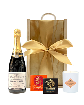 "Mayfair" Personalised Champagne, Chocolates & Scented Candle - Gift Set in Wooden Presentation Box