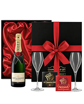 Moet et Chandon Champagne and Flutes gift in a silky-lined box.  A sumptuous gift for Christmas with Artisan chocolates