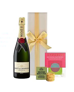 Moet Brut Imperial Champagne - With Savoury Drinks Biscuits and Raspberry Dark Chocolate - In White Gift Box