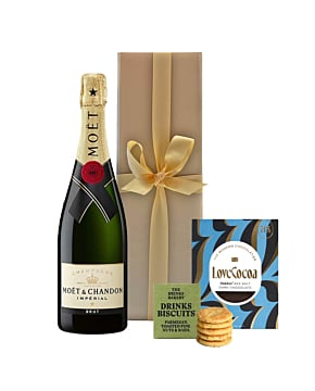 Moet Brut Imperial Champagne - With Savoury Drinks Biscuits and Maldon Sea Salt Chocolate - In Gold Gift Box