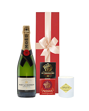 Moet Brut Imperial Champagne and Scented Candle Gift With Two Artisan Chocolate Bars. Presented In Red Gift Box