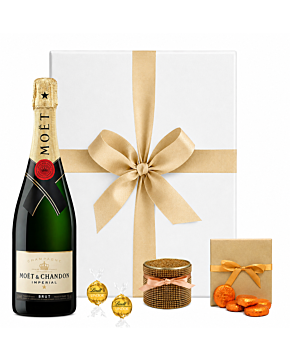 Moët & Chandon Champagne gift set with sparkle scented candle, chocolate hearts, Lindt truffles and luxury white gift box