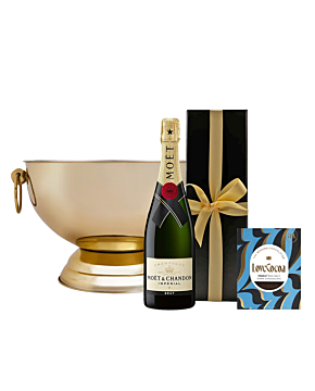 Moet Brut Imperial Champagne in White Box - With Maldon Sea Salt Dark Chocolate Bar - With "Kensington" Champagne Cooler 