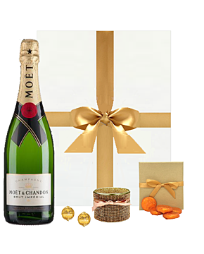 Moet Champagne & Treat Box - With Gold Scented Candle, Orange Creams & Swiss Truffles - In White Gift Box
