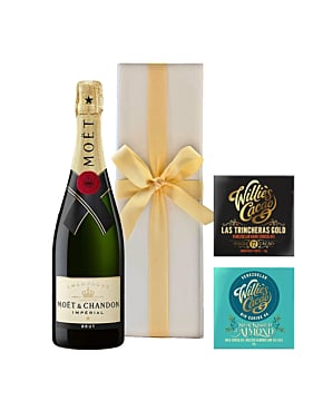 Moet Brut Imperial Champagne in White Box - With 2 x Venezuelan Chocolate Bars - Sea Kissed Almond + Dark Chocolate