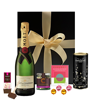 "MoetLiscious" Moet & Chocolate Goodies Hamper - Raspberry Chocolate, Swiss Truffles & Chocolate Treats - Beautifully Presented in Black Gift Box