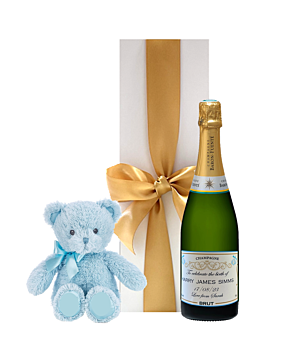 New baby boy Champagne and Teddy gift set. Personalised Champagne with a celebration label and blue teddy in a white gift box