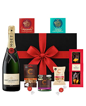 Nuts For You Moët Champagne gift hamper with Cambrook gourmet nuts, Willie's Cacao chocolate bars, chocolate almonds, dipped mango and red ribbon gift box