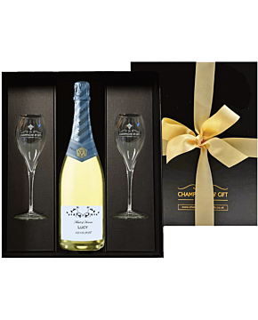 personalised alcohol free cava gift set with two flutes in a black presentation gift box