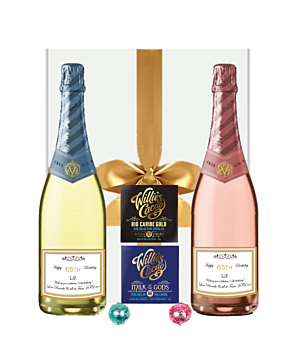 A duo of premium alcohol-free rose and brut with artisan chocolates in a white gift box