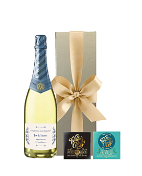 Personalised Non Alcoholic Cava & Artisan Chocolate Gift - Wth Two Artisan Chocolate Bars in Black Box