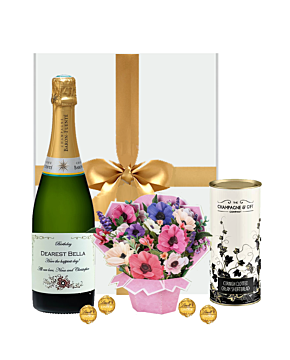 Personalised Birthday Champagne, Flowers and Chocolates Hamper - With 3D Flower Bouquet  Card, Swiss Truffles & biscuits - In White  Hamper