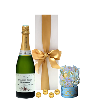 Birthday Champagne, Card Flowers and Chocolates - With 3D Flower Bouquet & Luxury Swiss Truffles - In White  Gift Box