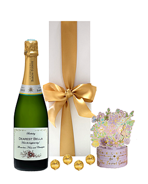 Birthday Champagne, Card Flowers and Chocolates - With 3D Flower Bouquet & Luxury Swiss Truffles - In White Gift Box