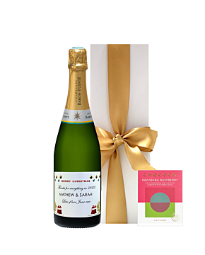 Christmas Classic Cuvee Champagne in White Gift Box - With Ravishing Raspberry Chocolate