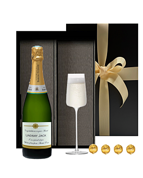 Personalised Champagne & LSA Crystal Flute - With Luxury Swiss Truffles in Stylish Black Box