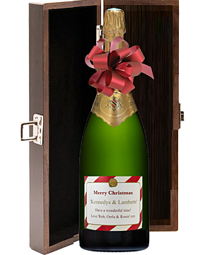 Christmas personalised Champagne Magnum in a Dark Wood Box. Personalised with a Christmas family label with name and message