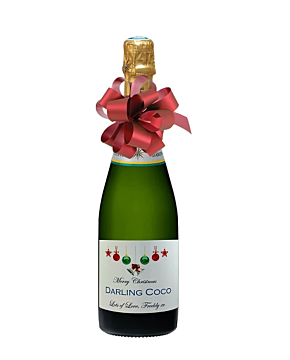 Classic Cuvee Champagne personalised with happy baubles Christmas label