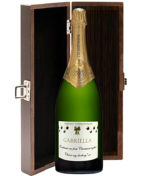 Classic Campagne Magnum personalised for Christmas. The magnum is presented in a dark wood box with a personalised label