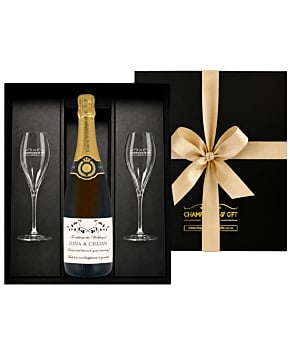 Personalised Champagne and two flutes gift set. Label showing Mr and Mrs label for wedding.  Luxury Champagne gift