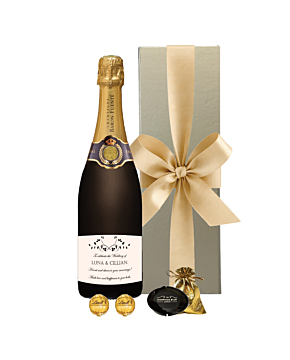 Personalised Champagne Gift with bottle stopper and truffles in gold gift box